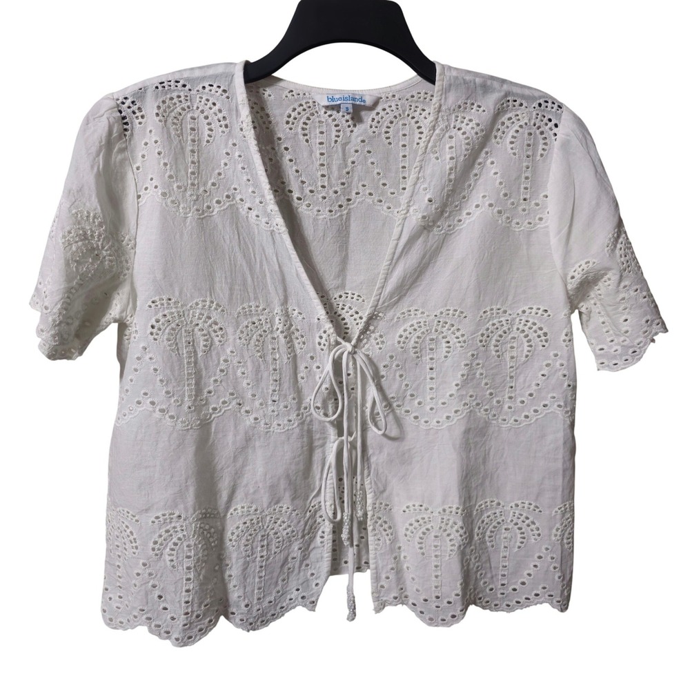 Blue Island White Eyelet Lace Palm Tree Tie Front Boho Blouse Small